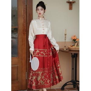 新中式国风汉服女重工刺绣缎面提花织金红色明制马面裙禅舞服