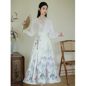 复古新中式国风山水画明制汉服马面裙古风交领长袖衬衫上衣女套装