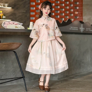 女童复古连衣裙夏装汉服大童纱裙子新中式公主裙洋气女孩泡泡袖裙