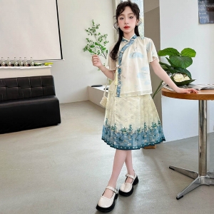 汉服女童2024新款中式国风儿童夏季马面裙套装中大童夏装古风唐装