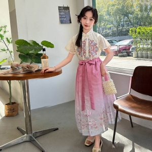 女童套装夏装2024新款儿童新中式盘扣上衣中大童国风马面裙两件套