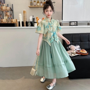 2024女童汉服夏季儿童国风绿色连衣裙仙气女大童夏装中式裙子套装