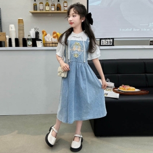 女童连衣裙夏装新款2024牛仔公主裙时髦国风夏季假两件洋气长裙潮