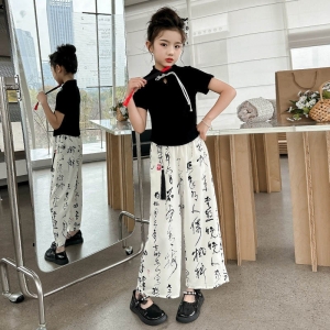 女童中国风汉服套装夏季2024新款中大儿童新中式短袖阔腿裤两件套