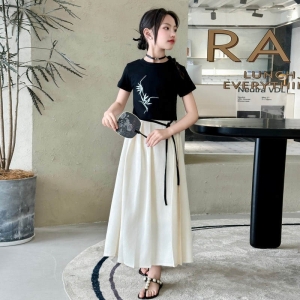 女童装新中式设计感刺绣绑带短袖T恤高腰半身裙2024新款时尚套装