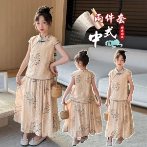 女童新中式夏季套装中国风汉服古装小女孩半身长裙女宝宝盘扣上衣