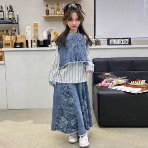 大女童春秋款马面裙牛仔套装儿童新中式中国风汉服潮唐装春装