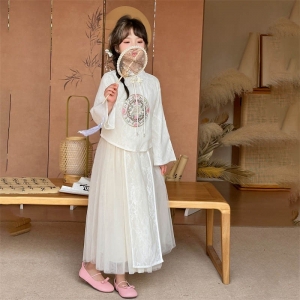 女童春装套装裙子2024新款洋气女大童汉服连衣裙春季国风公主纱裙