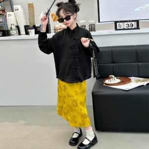 女童国风连衣裙春装2024新款女大童中式衬衫儿童春季套装汉服裙子