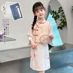 女童旗袍连衣裙套装2024新款春秋款女孩国风儿童春季汉服裙子