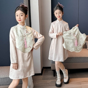 女童汉服连衣裙春季2024新款儿童女大童春秋国风中式马甲裙子套装