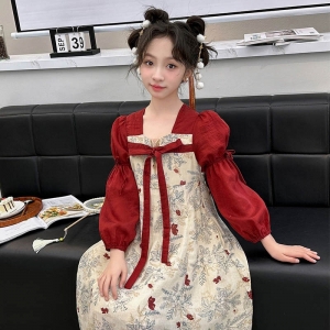 女童连衣裙2024新款春装女孩网红复古新中式公主裙春秋中大童裙子