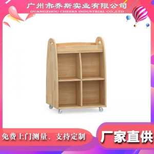幼儿园实木双层美术工具存放车 橡胶木早教美术画本移动储物柜