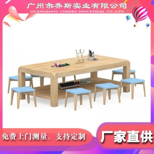 厂家直供幼儿园橡胶木实木美术桌绘画桌幼儿色彩教育辅导桌
