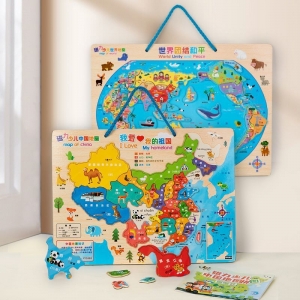 木质中国地图拼图磁力版世界地图小学生地理知识认知早教益智玩具