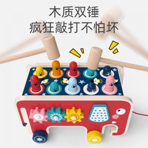 儿童趣味多功能打地鼠敲击木制拖拉车警车打地鼠动脑益智早教玩具